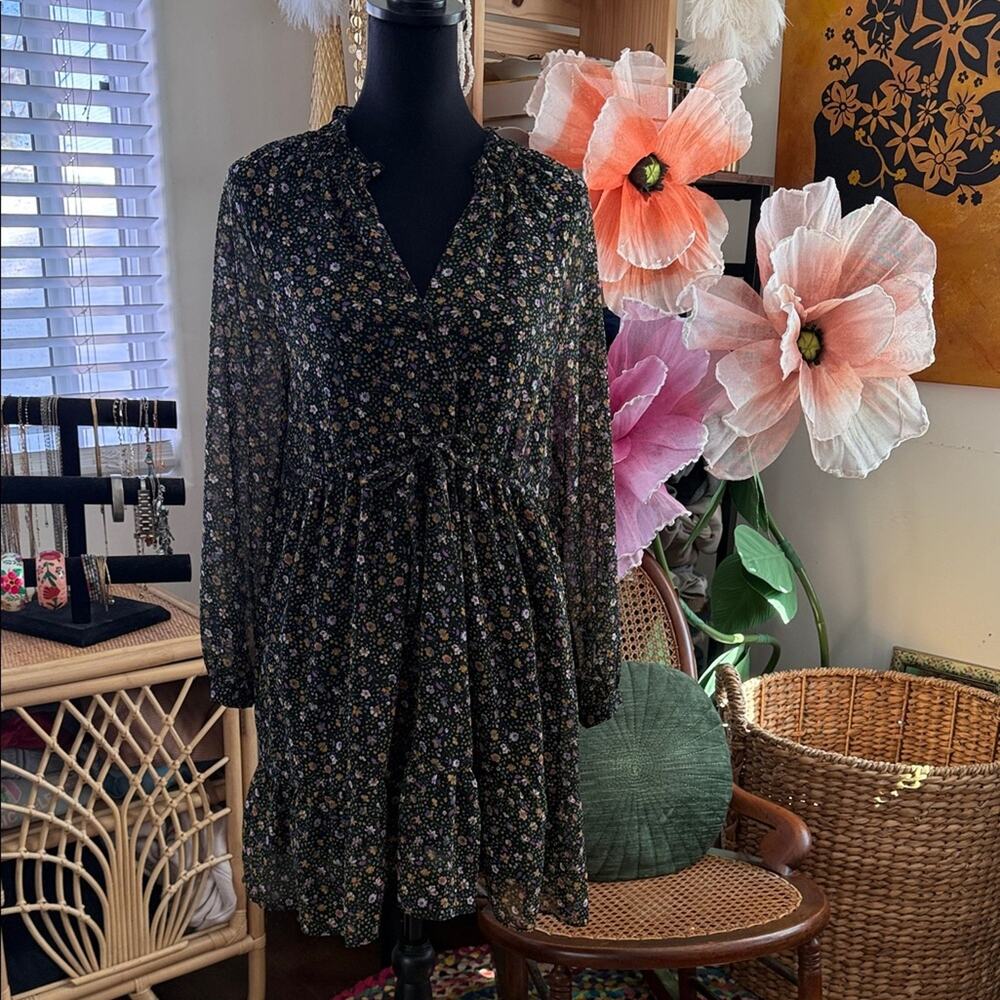 Zara Dark Floral Long Sleeve Cinch Waist Boho Hippie Whimsigoth Mini Dress